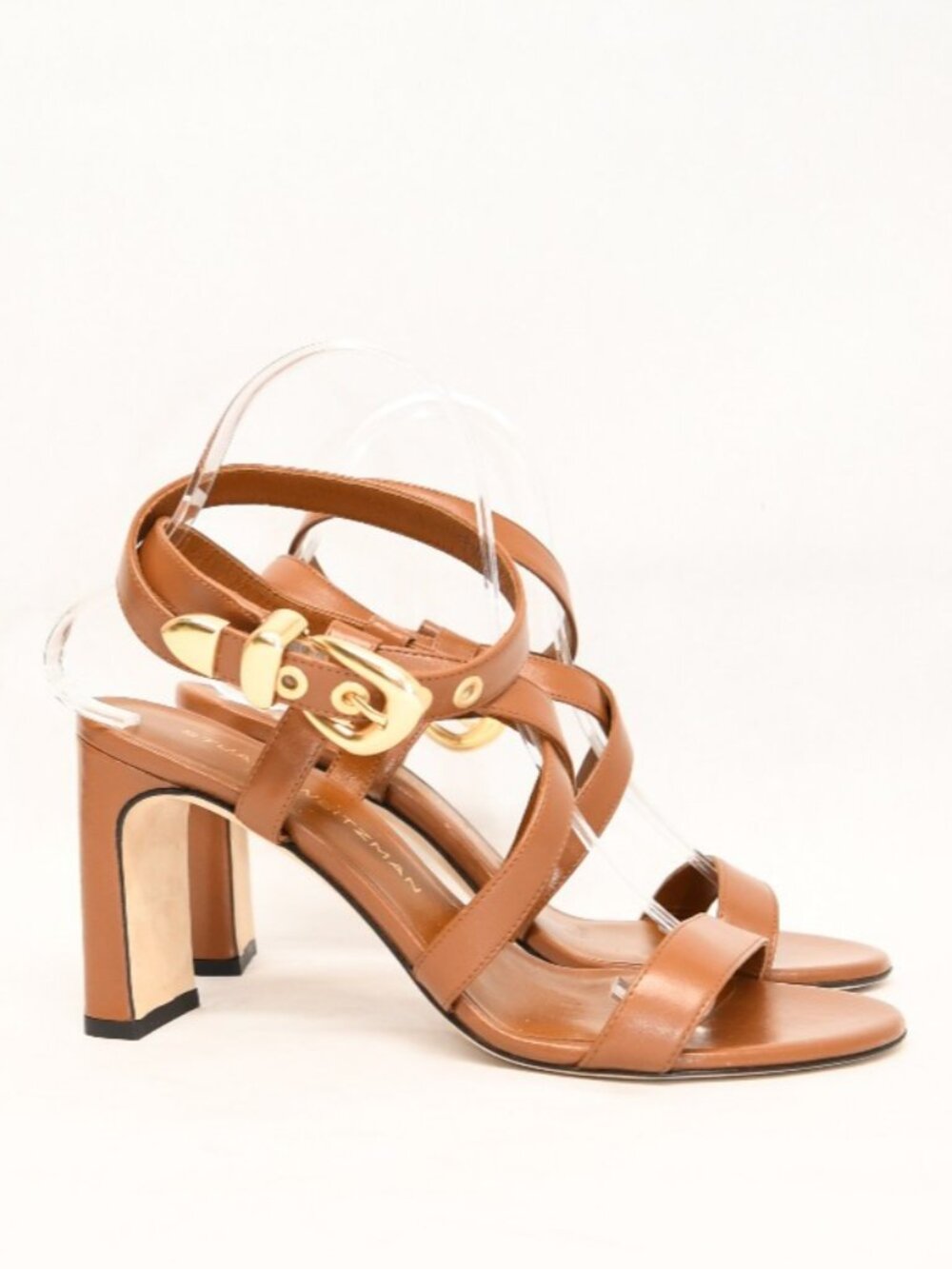 $600 STUART WEITZMAN Maven 75MM Leather Block-Heel Sandals SADDLE 8.5 (DD5) - Picture 2 of 7